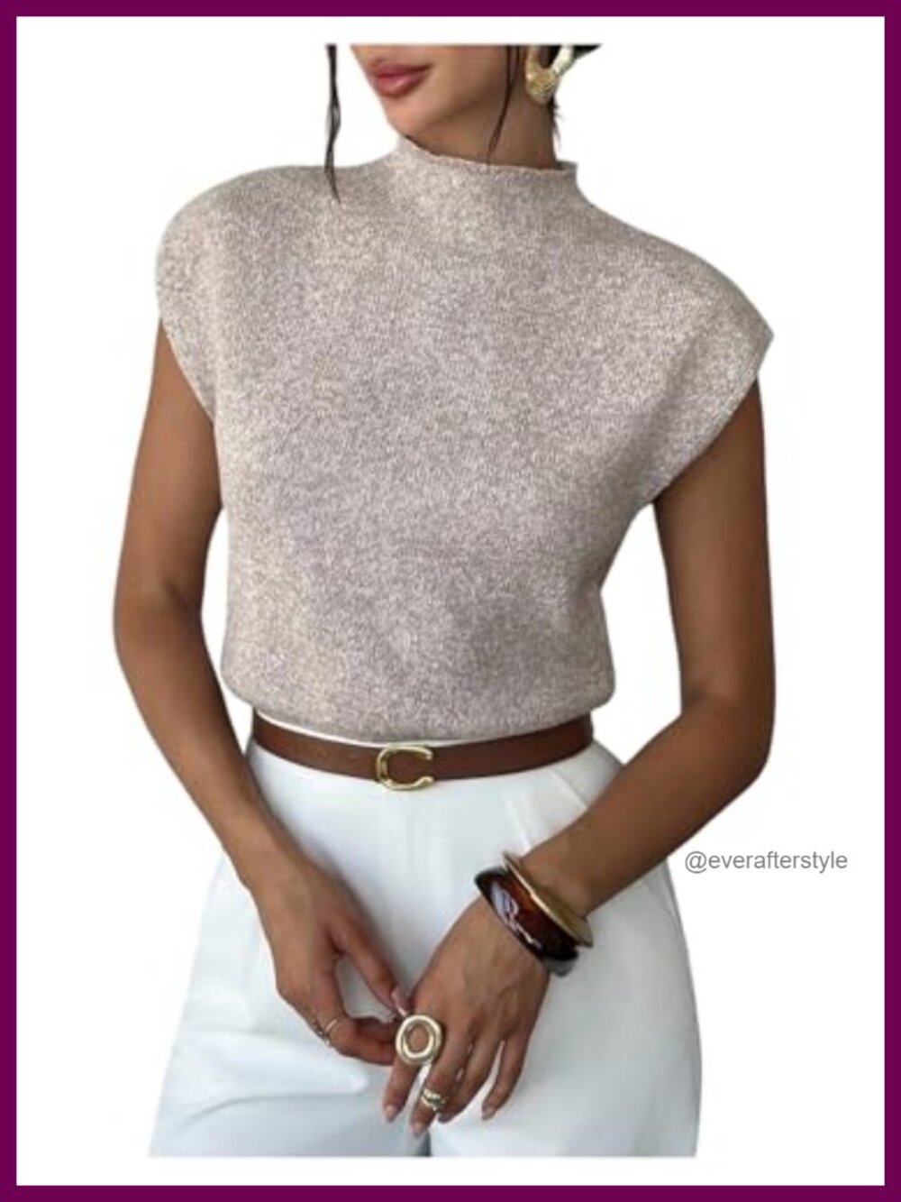 Womens Mock Neck Crop Sweater Cap Sleeve Lightweight Knit Top